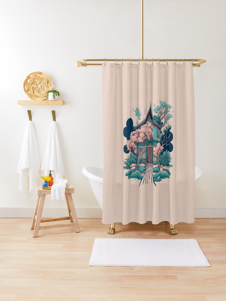 Thumbnail 1 of 5, Shower Curtain, Old Traditional Thailand house Baan, minimalistic ink drawing designed and sold by Patricks-Art.