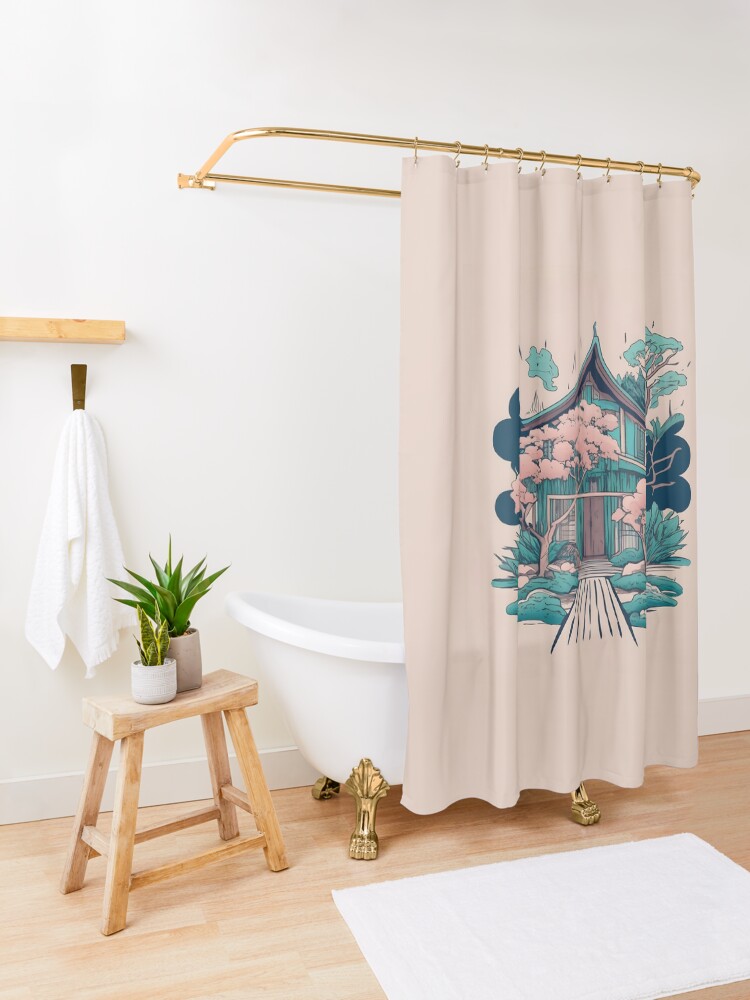Thumbnail 3 of 5, Shower Curtain, Old Traditional Thailand house Baan, minimalistic ink drawing designed and sold by Patricks-Art.