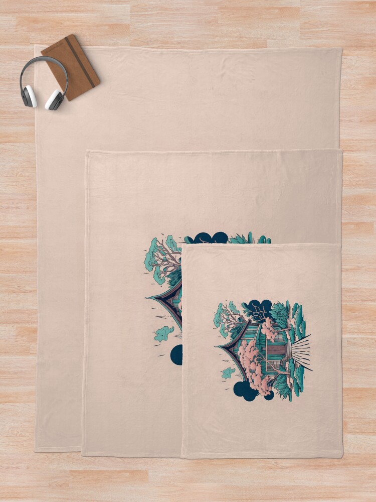 Thumbnail 5 of 6, Throw Blanket, Old Traditional Thailand house Baan, minimalistic ink drawing designed and sold by Patricks-Art.