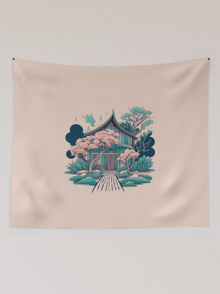 Thumbnail 2 of 3, Tapestry, Old Traditional Thailand house Baan, minimalistic ink drawing designed and sold by Patricks-Art.