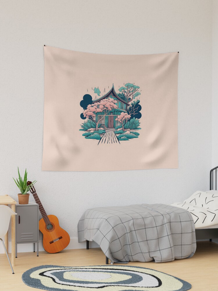 Thumbnail 1 of 3, Tapestry, Old Traditional Thailand house Baan, minimalistic ink drawing designed and sold by Patricks-Art.