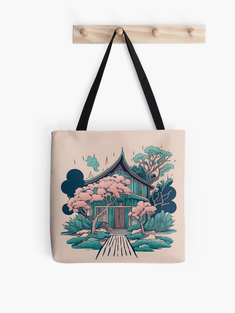 Thumbnail 1 of 2, Tote Bag, Old Traditional Thailand house Baan, minimalistic ink drawing designed and sold by Patricks-Art.