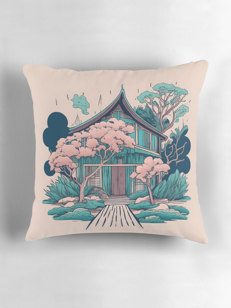 Thumbnail 3 of 4, Pillow, Old Traditional Thailand house Baan, minimalistic ink drawing designed and sold by Patricks-Art.
