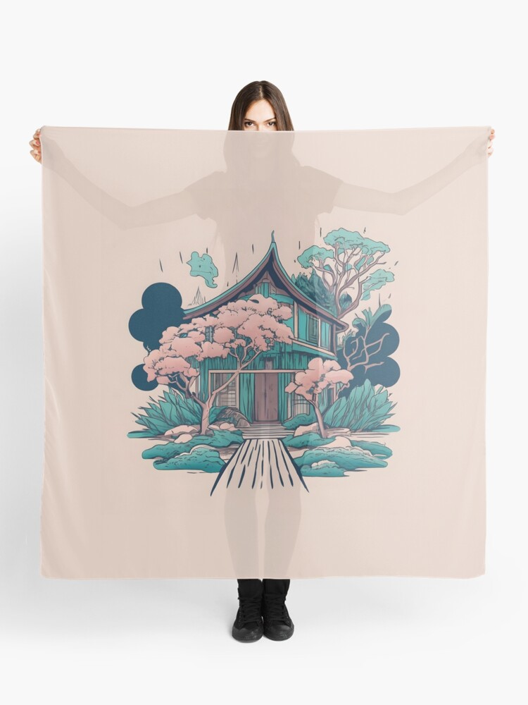 Thumbnail 1 of 3, Scarf, Old Traditional Thailand house Baan, minimalistic ink drawing designed and sold by Patricks-Art.
