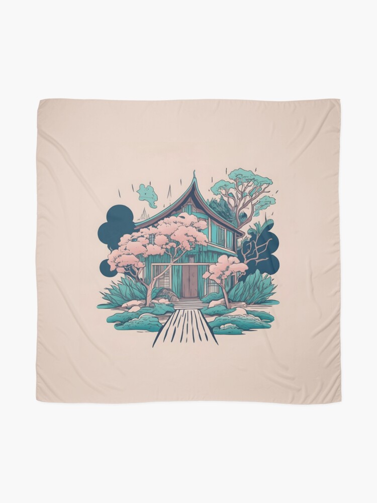 Thumbnail 2 of 3, Scarf, Old Traditional Thailand house Baan, minimalistic ink drawing designed and sold by Patricks-Art.