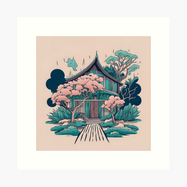 Item preview, Old Traditional Thailand house Baan, minimalistic ink drawing designed and sold by Patricks-Art.