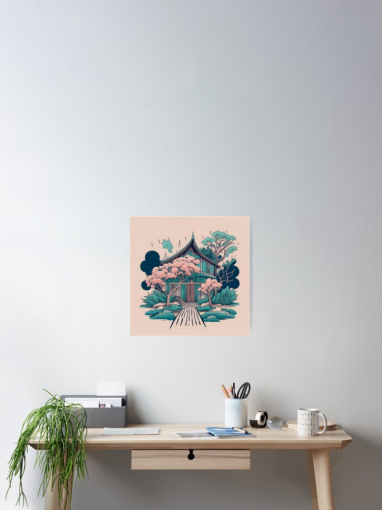 Thumbnail 1 of 3, Poster, Old Traditional Thailand house Baan, minimalistic ink drawing designed and sold by Patricks-Art.