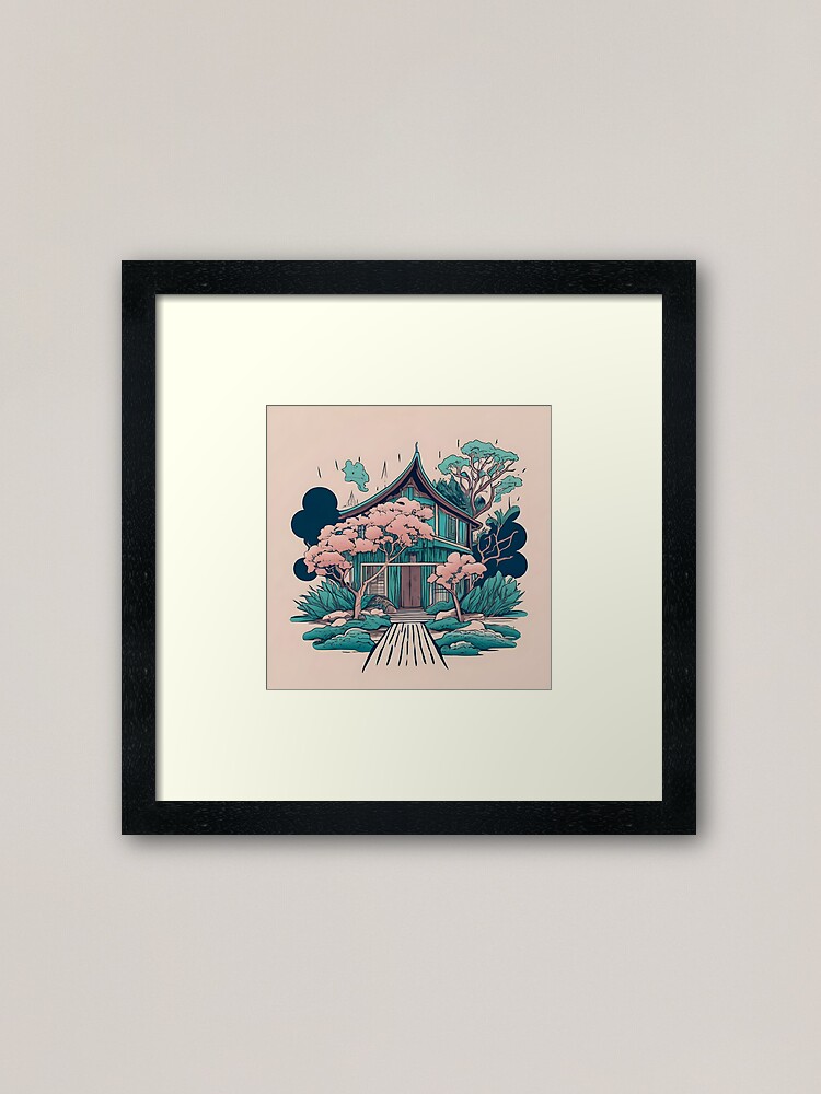 Thumbnail 1 of 7, Framed Art Print, Old Traditional Thailand house Baan, minimalistic ink drawing designed and sold by Patricks-Art.