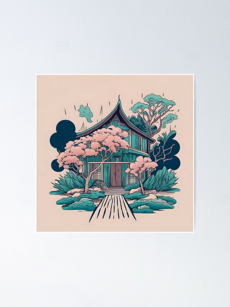 Thumbnail 2 of 3, Poster, Old Traditional Thailand house Baan, minimalistic ink drawing designed and sold by Patricks-Art.
