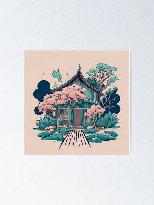 Thumbnail 1 of 3, Poster, Old Traditional Thailand house Baan, minimalistic ink drawing designed and sold by Patricks-Art.