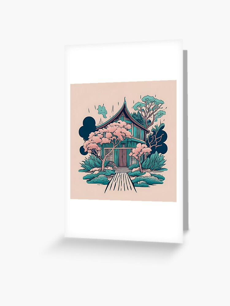 Thumbnail 1 of 2, Greeting Card, Old Traditional Thailand house Baan, minimalistic ink drawing designed and sold by Patricks-Art.