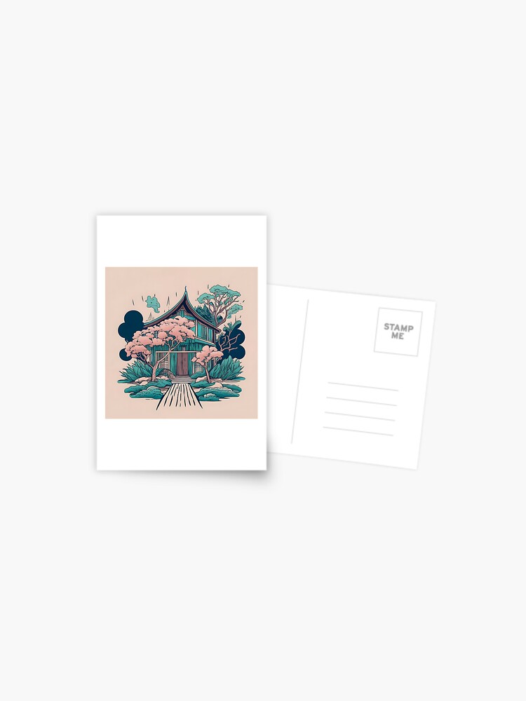 Thumbnail 1 of 2, Postcard, Old Traditional Thailand house Baan, minimalistic ink drawing designed and sold by Patricks-Art.