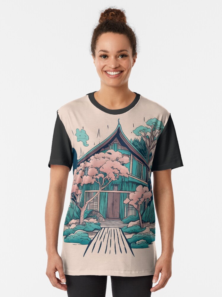 Thumbnail 2 of 5, Graphic T-Shirt, Old Traditional Thailand house Baan, minimalistic ink drawing designed and sold by Patricks-Art.