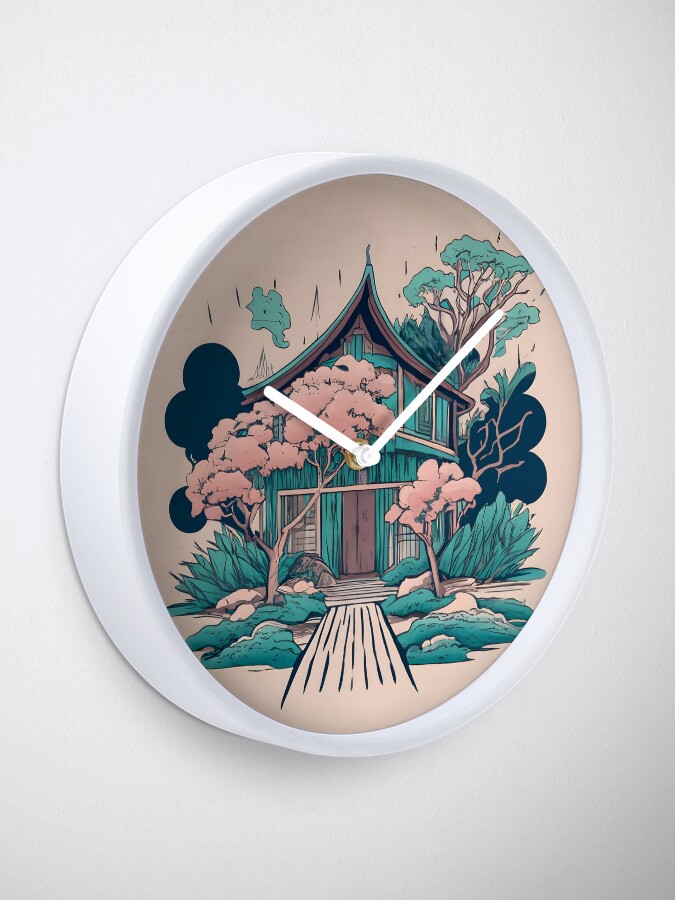 Thumbnail 1 of 4, Clock, Old Traditional Thailand house Baan, minimalistic ink drawing designed and sold by Patricks-Art.