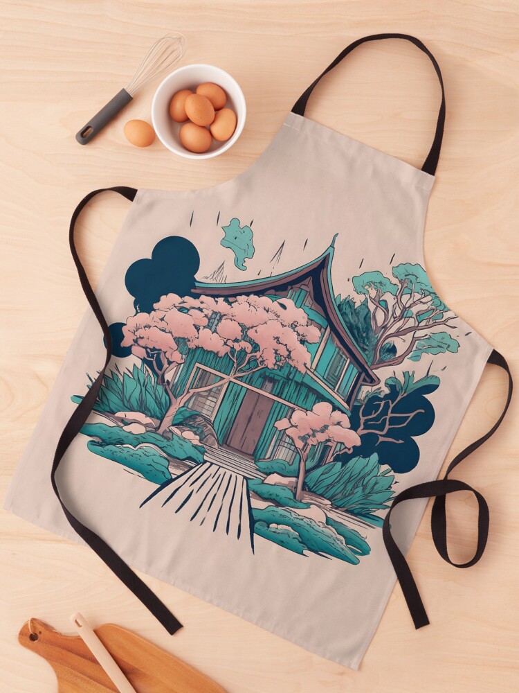 Thumbnail 1 of 6, Apron, Old Traditional Thailand house Baan, minimalistic ink drawing designed and sold by Patricks-Art.