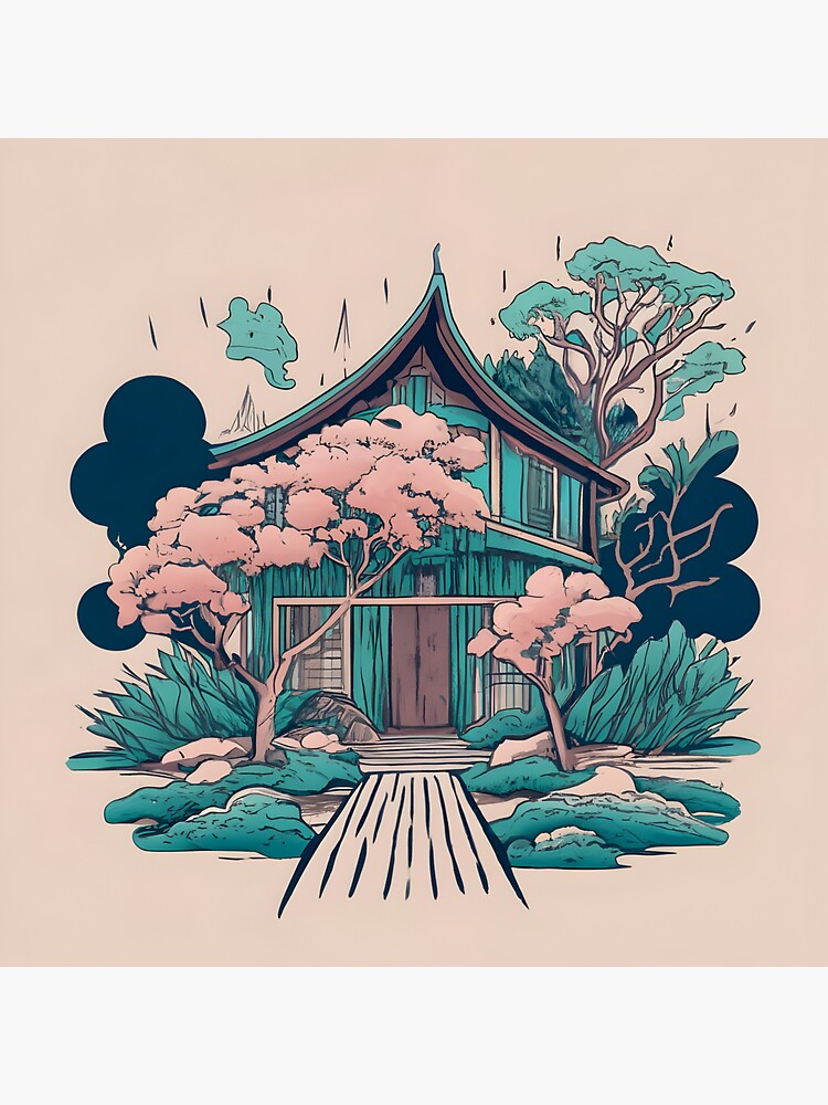 Thumbnail 3 of 3, Sticker, Old Traditional Thailand house Baan, minimalistic ink drawing designed and sold by Patricks-Art.