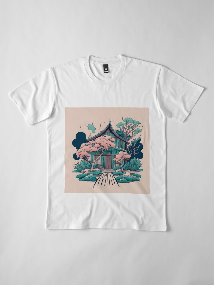 Thumbnail 4 of 6, Premium T-Shirt, Old Traditional Thailand house Baan, minimalistic ink drawing designed and sold by Patricks-Art.