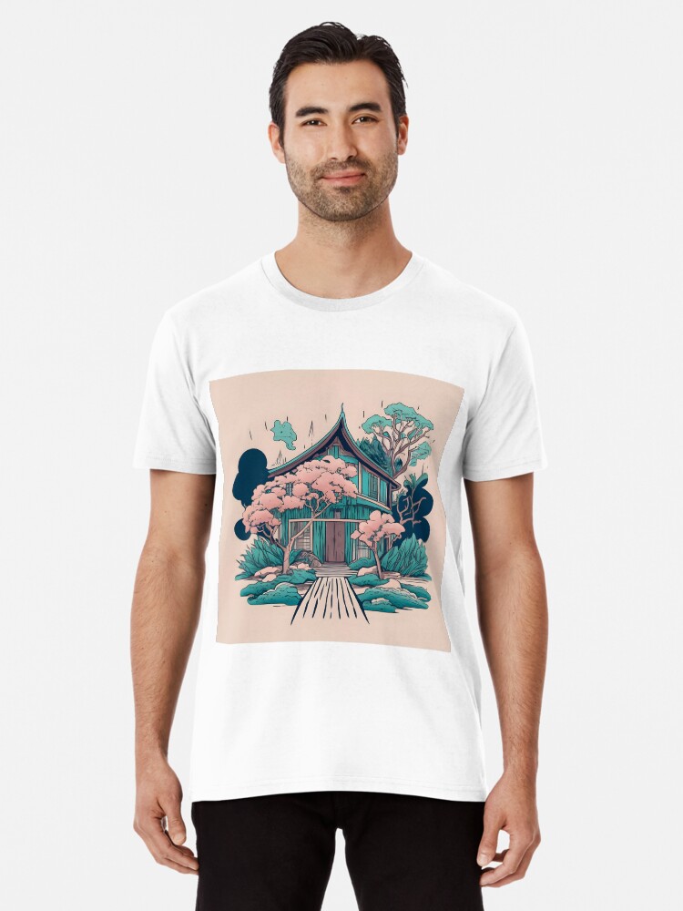 Thumbnail 1 of 6, Premium T-Shirt, Old Traditional Thailand house Baan, minimalistic ink drawing designed and sold by Patricks-Art.