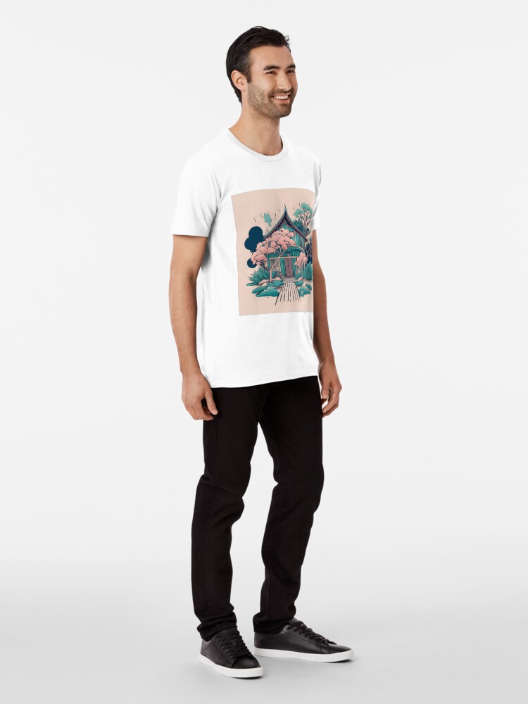 Thumbnail 3 of 6, Premium T-Shirt, Old Traditional Thailand house Baan, minimalistic ink drawing designed and sold by Patricks-Art.