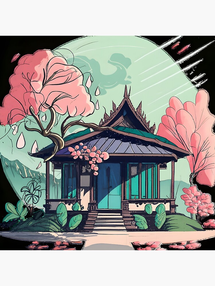 Thumbnail 3 of 3, Pin, Old Traditional Thailand house Baan Drawing designed and sold by Patricks-Art.