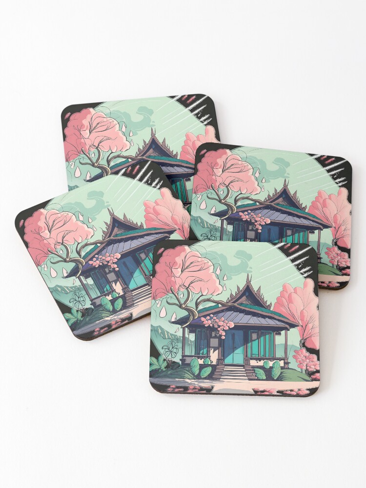 Thumbnail 1 of 5, Coasters (Set of 4), Old Traditional Thailand house Baan Drawing designed and sold by Patricks-Art.