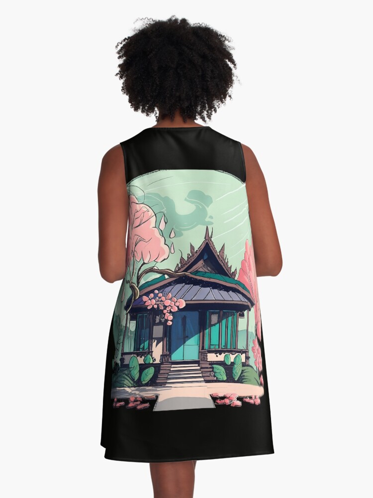 Thumbnail 3 of 4, A-Line Dress, Old Traditional Thailand house Baan Drawing designed and sold by Patricks-Art.