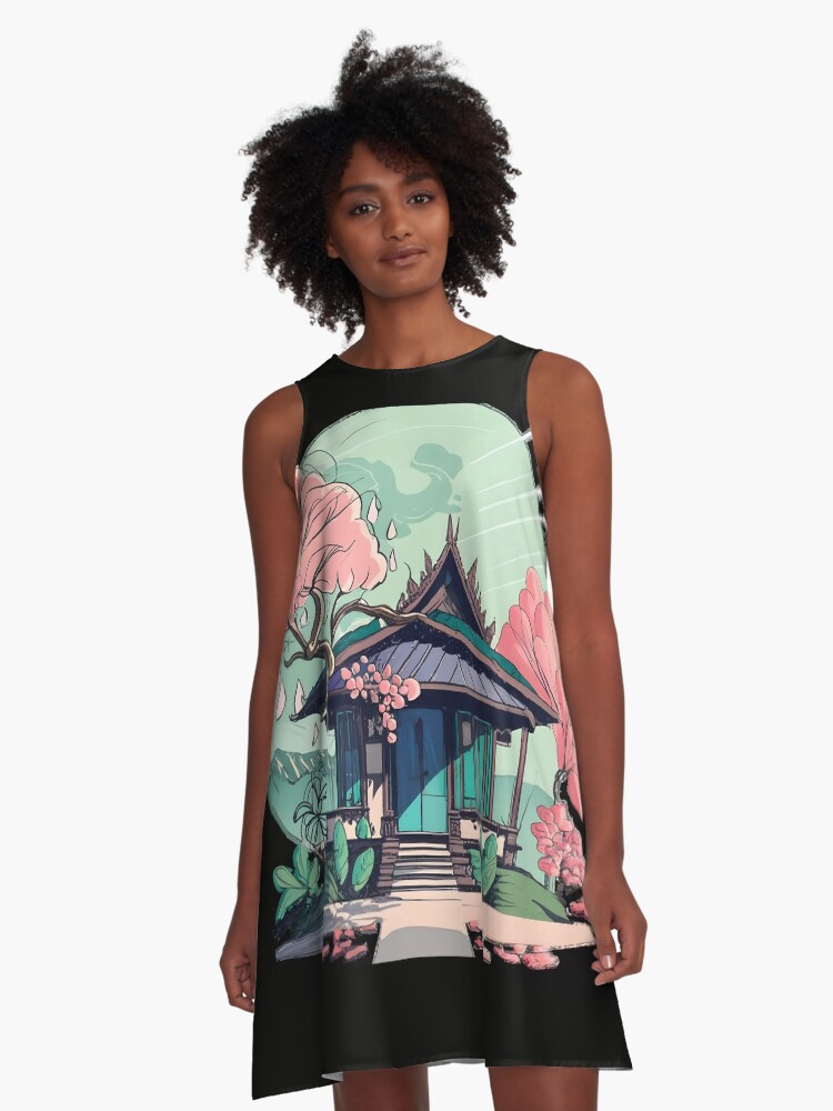 Thumbnail 1 of 4, A-Line Dress, Old Traditional Thailand house Baan Drawing designed and sold by Patricks-Art.