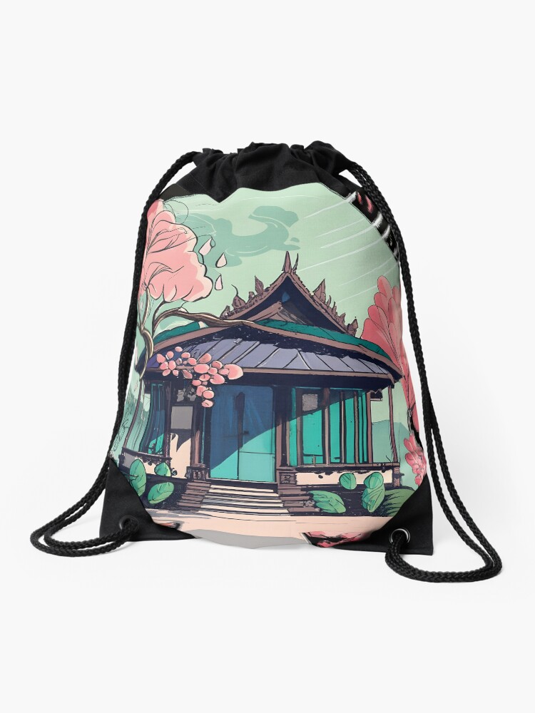 Thumbnail 1 of 3, Drawstring Bag, Old Traditional Thailand house Baan Drawing designed and sold by Patricks-Art.