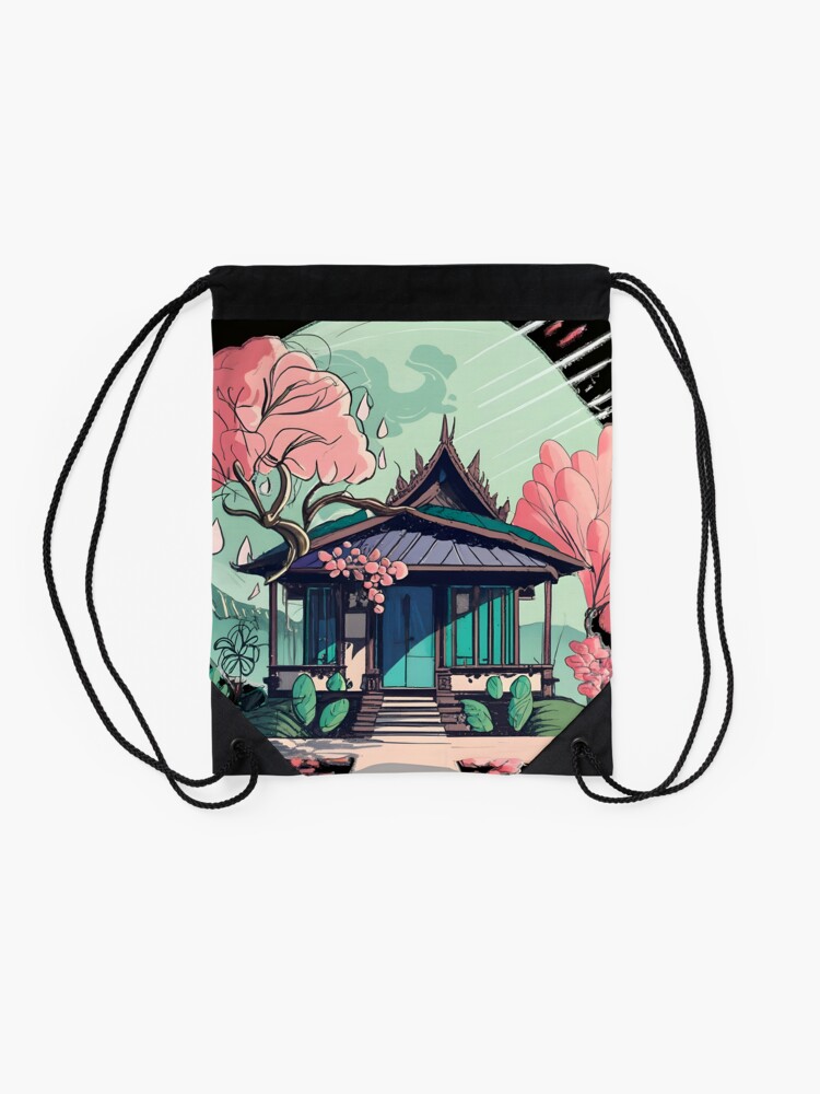 Thumbnail 2 of 3, Drawstring Bag, Old Traditional Thailand house Baan Drawing designed and sold by Patricks-Art.