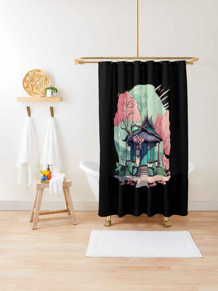 Thumbnail 1 of 5, Shower Curtain, Old Traditional Thailand house Baan Drawing designed and sold by Patricks-Art.