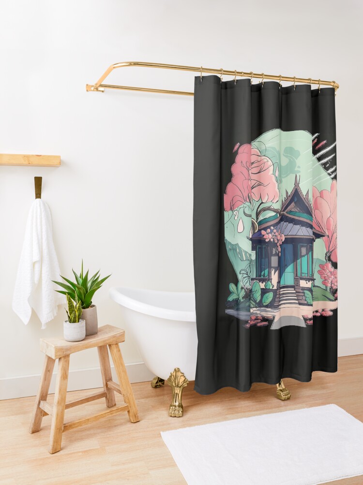 Thumbnail 3 of 5, Shower Curtain, Old Traditional Thailand house Baan Drawing designed and sold by Patricks-Art.