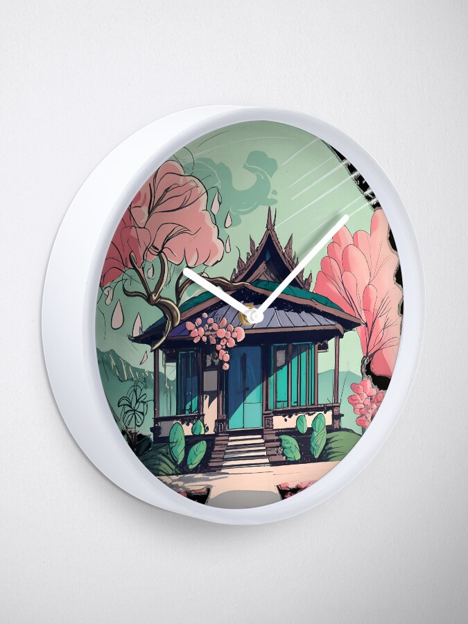 Thumbnail 1 of 4, Clock, Old Traditional Thailand house Baan Drawing designed and sold by Patricks-Art.