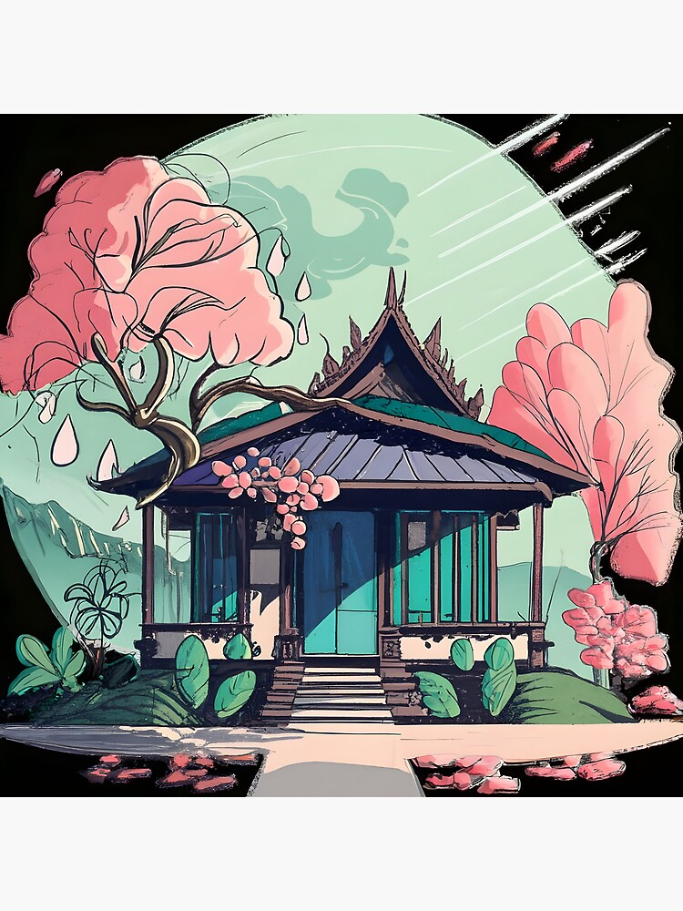 Thumbnail 4 of 4, Clock, Old Traditional Thailand house Baan Drawing designed and sold by Patricks-Art.