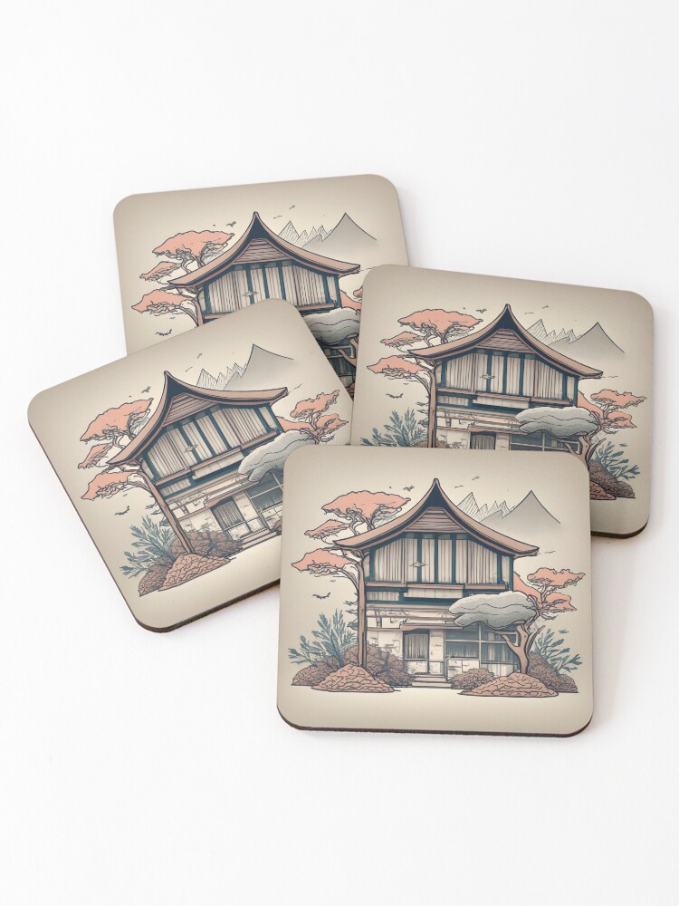Thumbnail 1 of 5, Coasters (Set of 4), Old Traditional Indonesia house Rumah Adat, minimalistic ink drawing designed and sold by Patricks-Art.