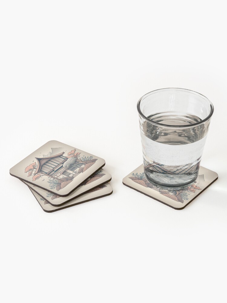 Thumbnail 2 of 5, Coasters (Set of 4), Old Traditional Indonesia house Rumah Adat, minimalistic ink drawing designed and sold by Patricks-Art.