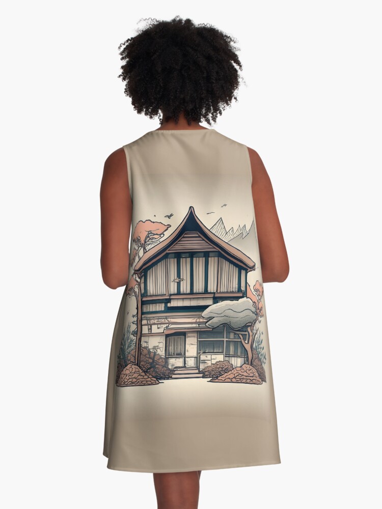 Thumbnail 3 of 4, A-Line Dress, Old Traditional Indonesia house Rumah Adat, minimalistic ink drawing designed and sold by Patricks-Art.