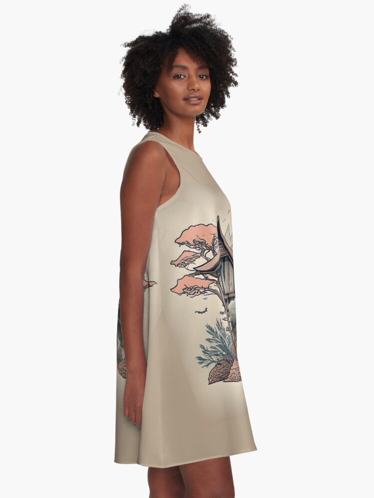 Thumbnail 2 of 4, A-Line Dress, Old Traditional Indonesia house Rumah Adat, minimalistic ink drawing designed and sold by Patricks-Art.