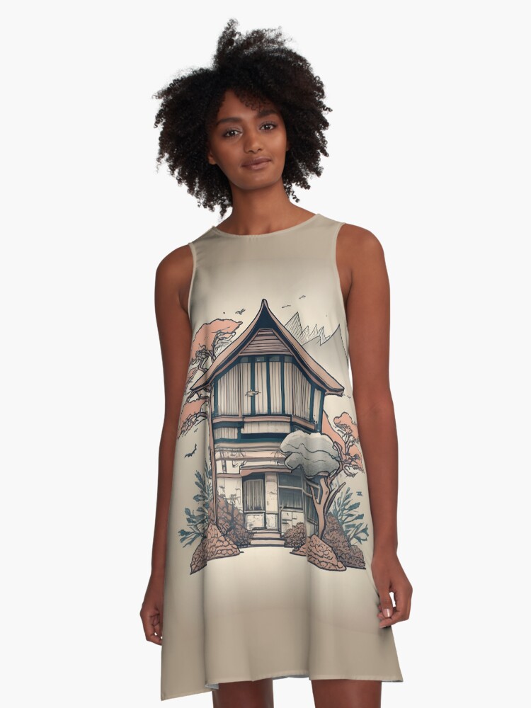 Thumbnail 1 of 4, A-Line Dress, Old Traditional Indonesia house Rumah Adat, minimalistic ink drawing designed and sold by Patricks-Art.