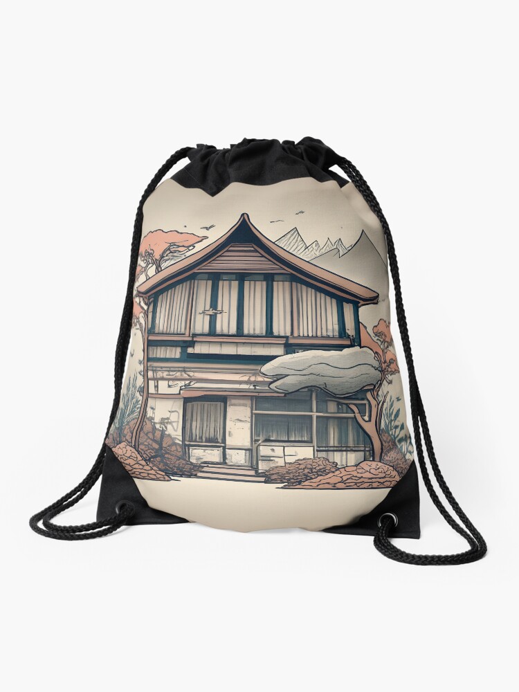 Thumbnail 1 of 3, Drawstring Bag, Old Traditional Indonesia house Rumah Adat, minimalistic ink drawing designed and sold by Patricks-Art.