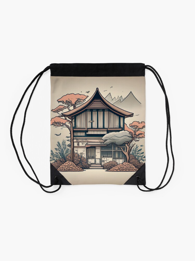 Thumbnail 2 of 3, Drawstring Bag, Old Traditional Indonesia house Rumah Adat, minimalistic ink drawing designed and sold by Patricks-Art.