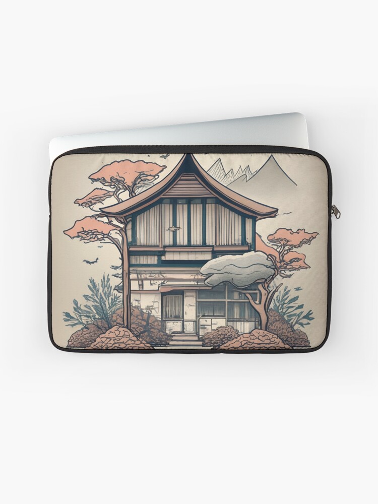 Thumbnail 1 of 2, Laptop Sleeve, Old Traditional Indonesia house Rumah Adat, minimalistic ink drawing designed and sold by Patricks-Art.