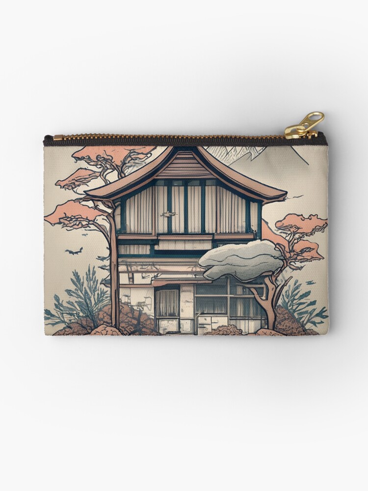 Thumbnail 1 of 4, Zipper Pouch, Old Traditional Indonesia house Rumah Adat, minimalistic ink drawing designed and sold by Patricks-Art.