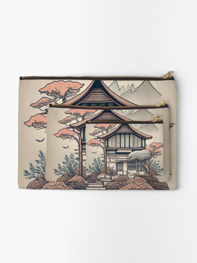 Thumbnail 2 of 4, Zipper Pouch, Old Traditional Indonesia house Rumah Adat, minimalistic ink drawing designed and sold by Patricks-Art.