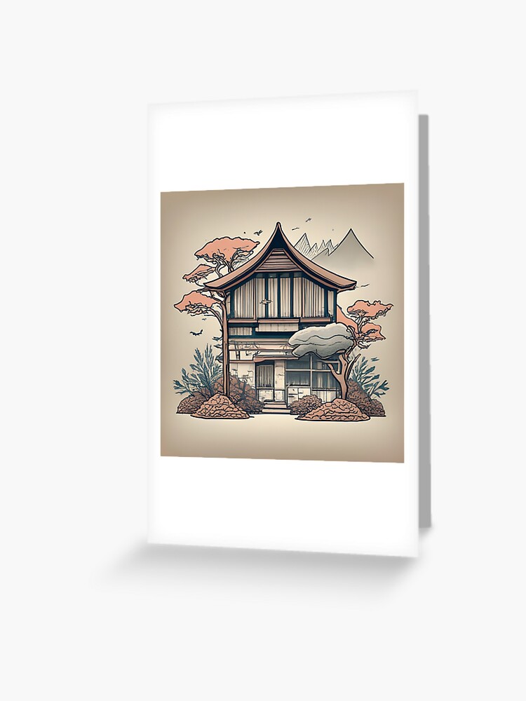 Thumbnail 1 of 2, Greeting Card, Old Traditional Indonesia house Rumah Adat, minimalistic ink drawing designed and sold by Patricks-Art.