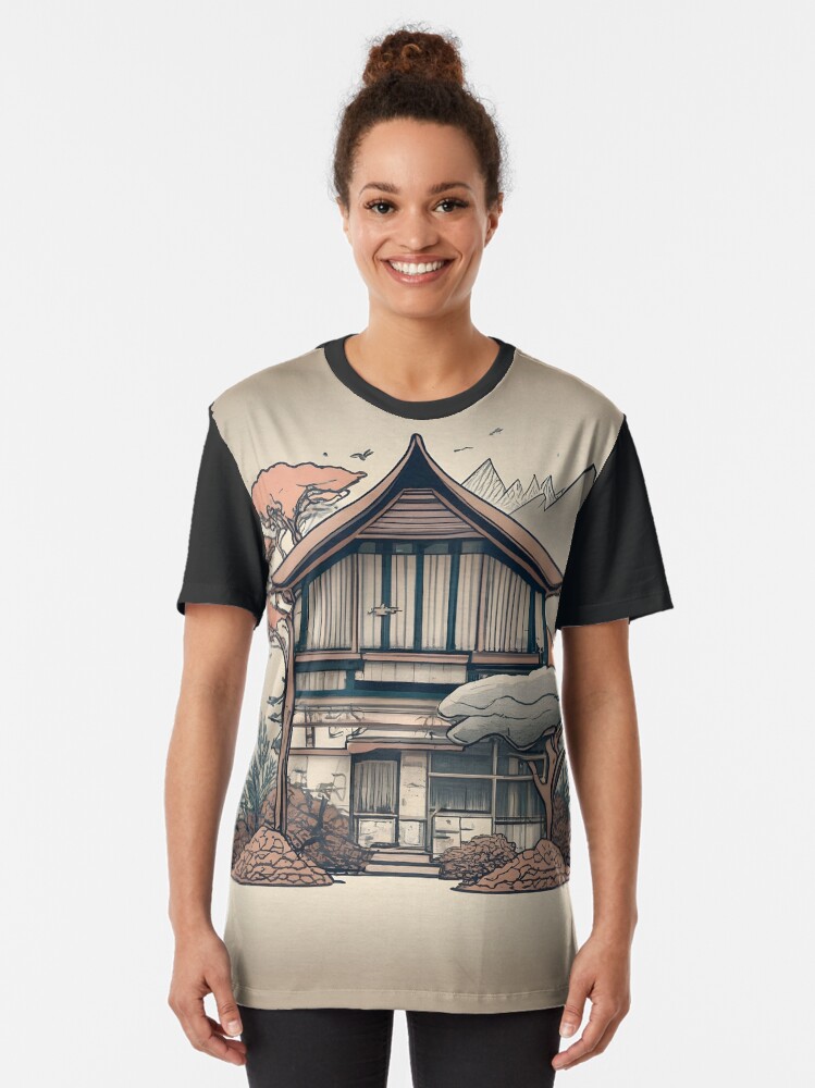 Thumbnail 2 of 5, Graphic T-Shirt, Old Traditional Indonesia house Rumah Adat, minimalistic ink drawing designed and sold by Patricks-Art.