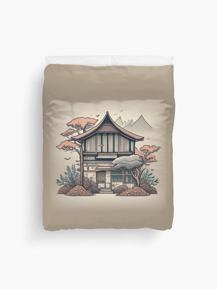 Thumbnail 1 of 2, Duvet Cover, Old Traditional Indonesia house Rumah Adat, minimalistic ink drawing designed and sold by Patricks-Art.