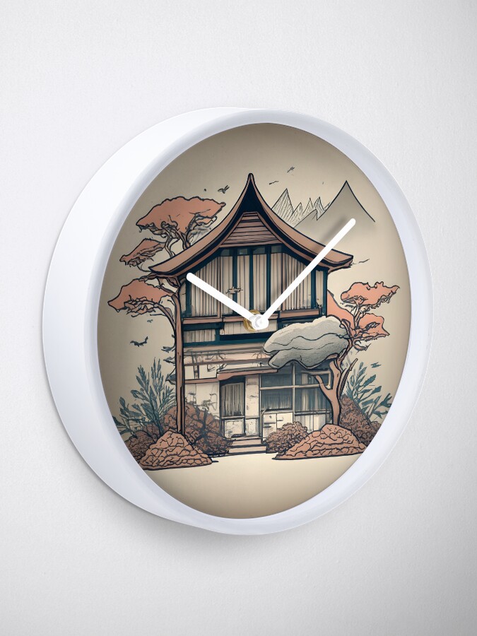 Thumbnail 1 of 4, Clock, Old Traditional Indonesia house Rumah Adat, minimalistic ink drawing designed and sold by Patricks-Art.