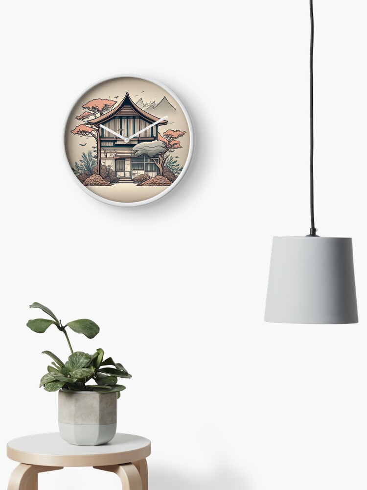 Thumbnail 2 of 4, Clock, Old Traditional Indonesia house Rumah Adat, minimalistic ink drawing designed and sold by Patricks-Art.