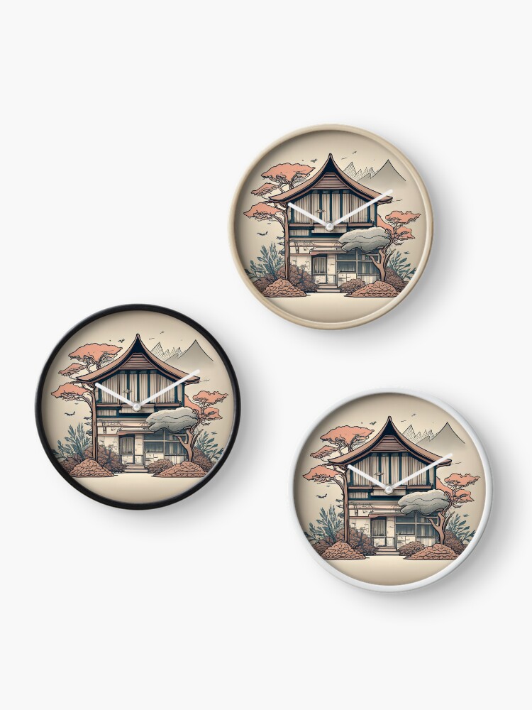 Thumbnail 3 of 4, Clock, Old Traditional Indonesia house Rumah Adat, minimalistic ink drawing designed and sold by Patricks-Art.