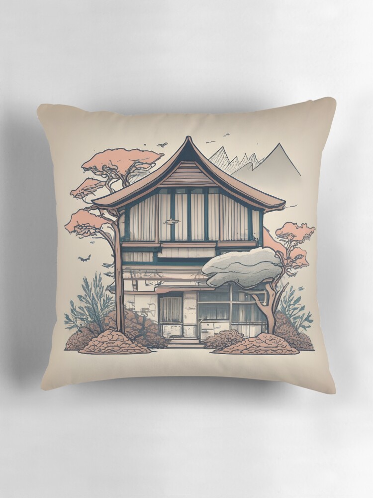 Thumbnail 3 of 4, Pillow, Old Traditional Indonesia house Rumah Adat, minimalistic ink drawing designed and sold by Patricks-Art.